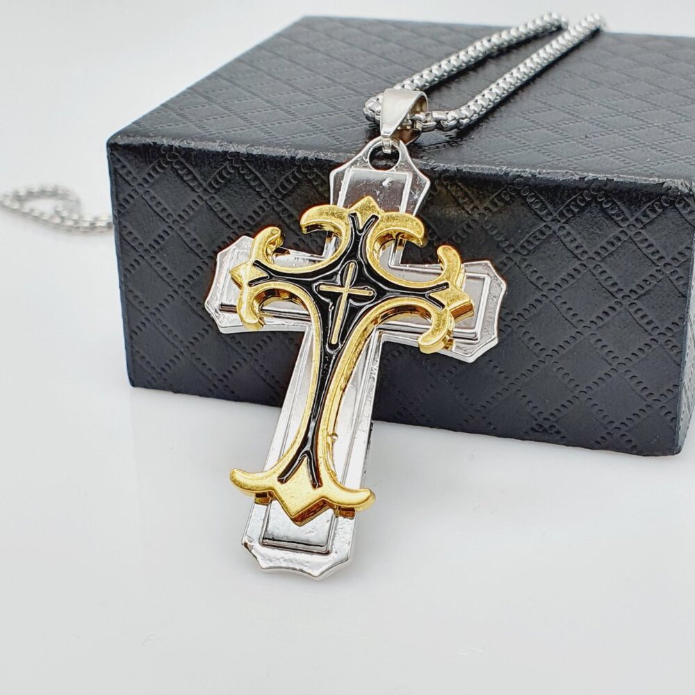 ❤️ Stainless Steel Retro Layered Cross Necklace , N90201P120 - Picture 13 of 13